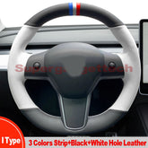 Black&White Leather Steering Wheel Hand Sewing Wrap For Tesla model 3/Y I Type