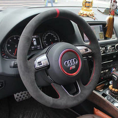 Black Suede Leather Red Stitching Steering Wheel Stitch on Wrap Fit For Audi Q5