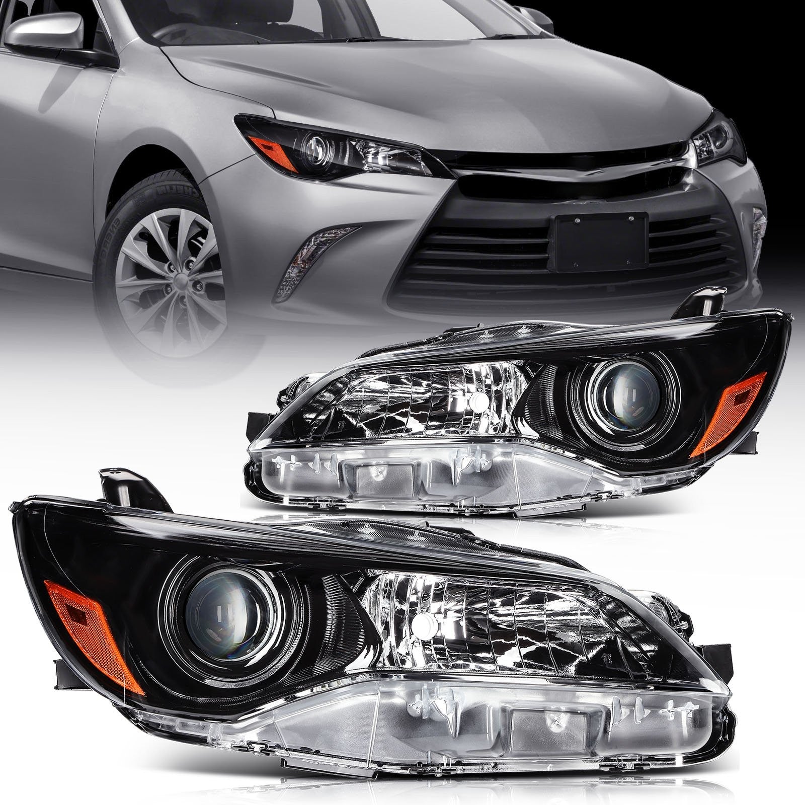 ECCPP Headlights Assembly For Toyota Camry 2.5L 3.5L 2015-2017 Pair Black Amber 6B93BC-57