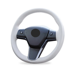 All White Leather Steering Wheel White Stitch Wrap Cover For Tesla Model 3 Y