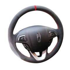 Black Suede Leather Steering Wheel Red Stitch Wrap Cover For Lincoln mkx mkc mkz