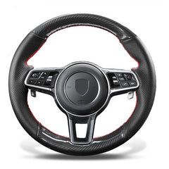 5D Carbon Fiber &Black Leather Steering Wheel Wrap Cover Fit For Porsche Macan