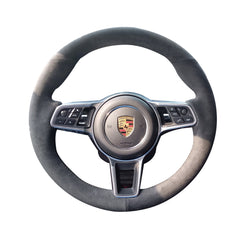 Black Suede Leather Steering Wheel Red Stitch Wrap Cover For Porsche Macan 15-16