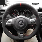 Black Suede Leather Red Marker Steering Wheel Stitch-on Wrap For VW Golf MK6 GTI