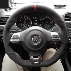Black Suede Leather Red Marker Steering Wheel Stitch-on Wrap For VW Golf MK6 GTI