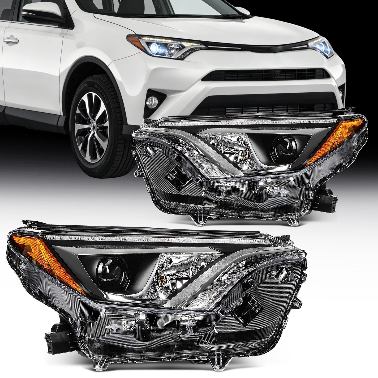 Pair Kit LED Headlights Assembly For 2016-2018 Toyota RAV4 2.5L Black Amber 6B93BC-57