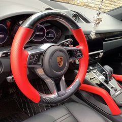 5D Carbon Fiber &Red Leather Steering Wheel Wrap Cover Fit For Porsche Cayenne