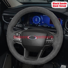 Black Suede Leather Steering Wheel Hand Sewing Wrap Cover For Ford Explorer XLT