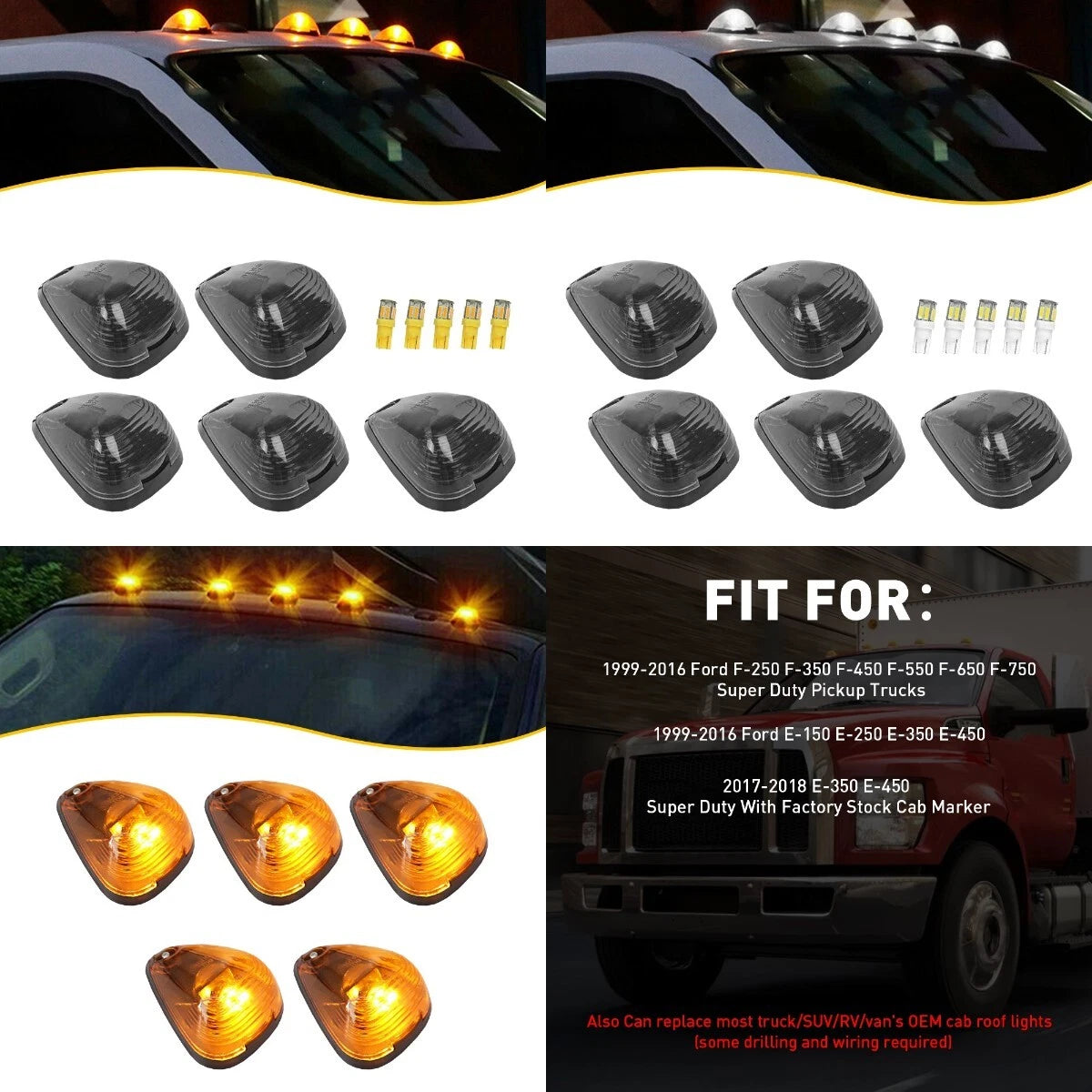Smoke LED Cab Roof Lights Marker Amber/White For Ford F-250 F-350 Super Duty EOA 6B93BC-57
