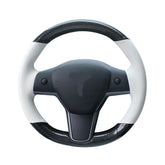 Carbon Fiber&White Leather Steering Wheel Hand Sewing Wrap For Tesla model 3 Y