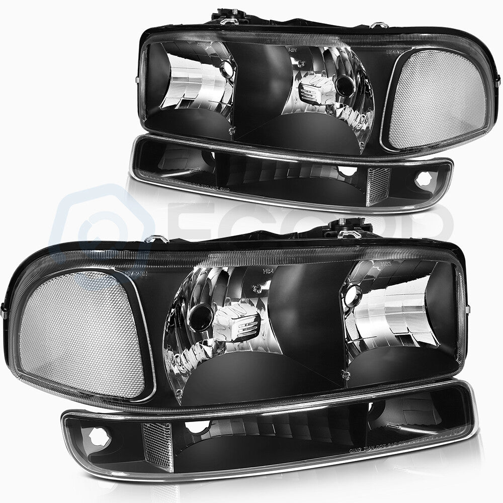 Fits 99-07 GMC Sierra Headlights Assembly Pair + Bumper Lamp Black Housing Set 6B93BC-57