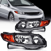 Pair Halogon Headlights Assembly For 2006-2011 Honda Civic 4-Door Black Amber 6B93BC-57