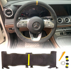 Black Suede Yellow Strip Leather Steering Wheel Sewing Wrap For Mercedes A-Class