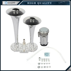 12V 135dB Car Truck Chrome Metal Dual Trumpet Train Air Horn Kit LOUD 6B93BC-57