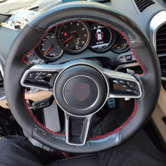 5D Carbon Fiber &Black Leather Steering Wheel Wrap Cover Fit For Porsche Macan