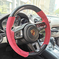 Carbon Fiber&Red Suede Leather Steering Wheel Wrap Cover Fit For Porsche Cayenne