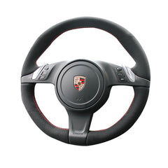 Black Suede Leather Steering Wheel Red Stitching Wrap Fit For Porsche Panamera