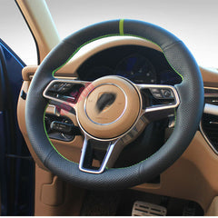 Black&Hole Leather Green Thread Steering Wheel Wrap Cover Fit For Porsche Macan
