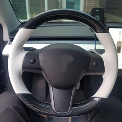 Carbon Fiber&White Leather Steering Wheel Hand Sewing Wrap For Tesla model 3 Y