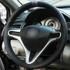 Black Leather Hand-Stitched Steering Wheel Wrap Cover for Honda Fit 2009-2013