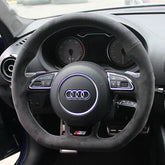 Black Suede Leather White Stitching Steering Wheel Stitch on Wrap For Audi S3