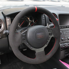 Black Suede Leather Red Mark Steering Wheel Stitch on Wrap Cover For Nissan GTR