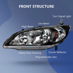 Pair Kit Halogon Black Headlights Assembly For 2004-2005 Honda Civic Black 6B93BC-57