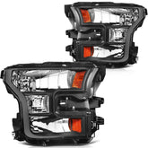 Pair Kit Halogen Headlights Assembly For 2015-2017 Ford F-150 F150 Black Amber 6B93BC-57