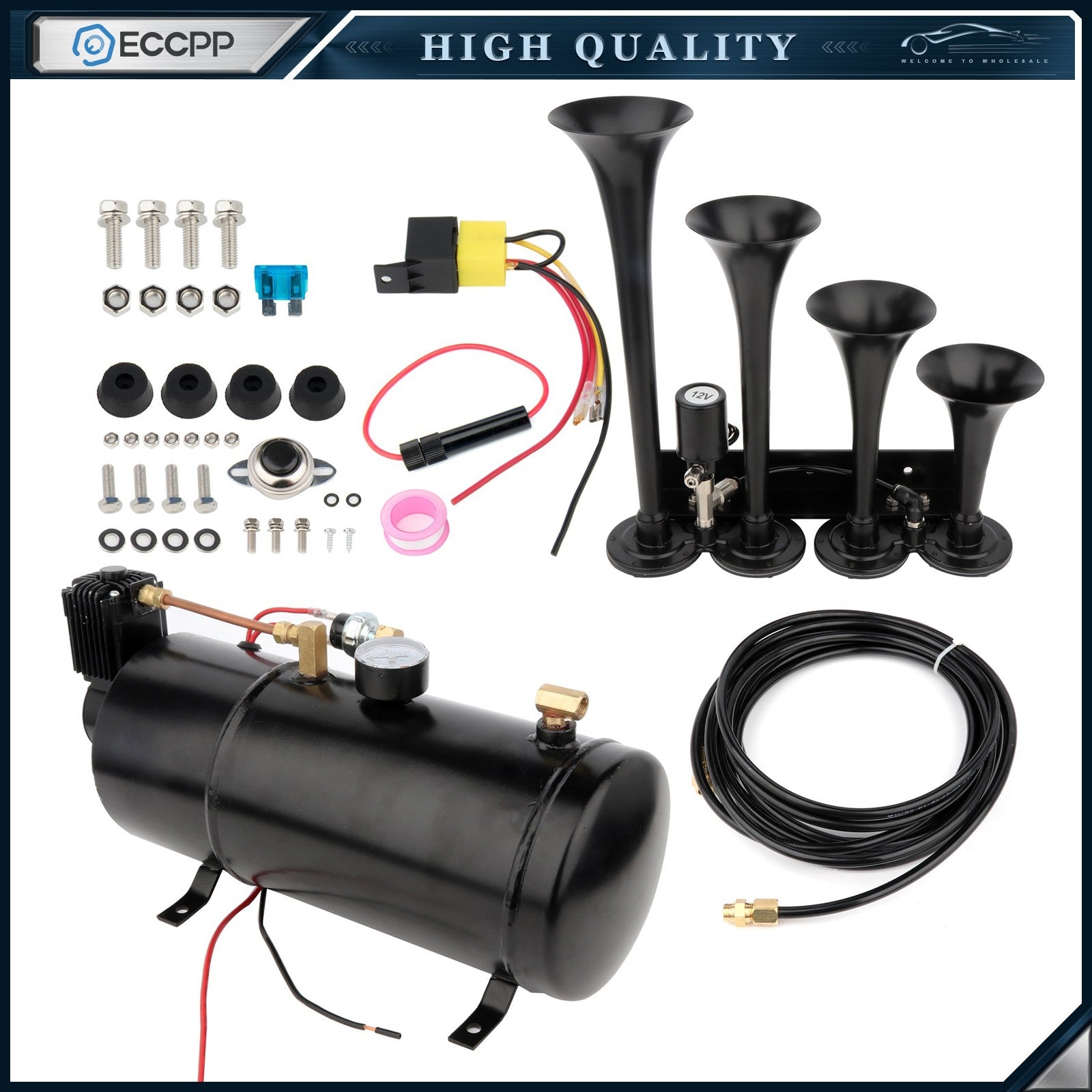 150psi 0.8G Air Horn Include 4 Trumpet Train Sound & Compressor Full System Kit 6B93BC-57
