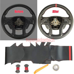 Black Side Hole Leather Steering Wheel Red Stitch Wrap Cover For Ford F-150 F250
