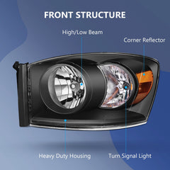 Fits 2006-2008 Dodge Ram 1500 Front Headlights Assembly Left + Right Sides Set 6B93BC-57