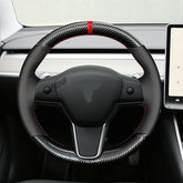5D Carbon Fiber&Leather Steering Wheel Red Stitch Wrap Cover For Tesla Model Y