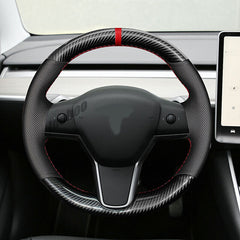 5D Carbon Fiber&Leather Steering Wheel Red Stitch Wrap Cover For Tesla Model Y