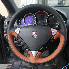 Black&Brown Leather Steering Wheel Hand-stitch on Cover For Porsche Cayenne 07+