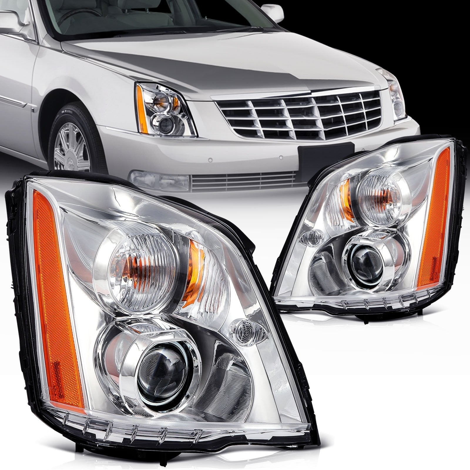 ECCPP Headlights Assembly For Cadillac DTS 4.6L 2006-2011 Pair Kit Chrome Amber 6B93BC-57