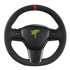 All Black Suede Leather Steering Wheel Red Strip on Wrap Cover For Tesla Model 3