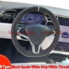 Black&Suede Leather Steering Wheel Hand Sewing Wrap Cover For Tesla Model S/X B