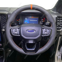 Black Leather Steering Wheel Stitch on Wrap Cover For Ford Ranger 2022-2023