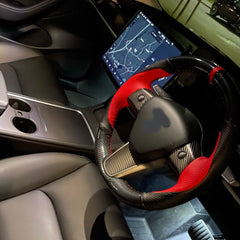 5D Carbon Fiber&Leather Steering Wheel Red Stitch Wrap Cover For Tesla Model 3 Y
