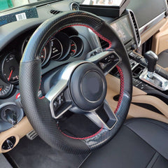 5D Carbon Fiber &Black Leather Steering Wheel Wrap Cover Fit For Porsche Macan