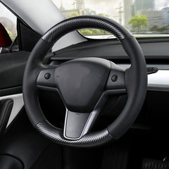 3D Carbon Fiber&Leather Steering Wheel White Stitch Wrap Cover For Tesla Model 3