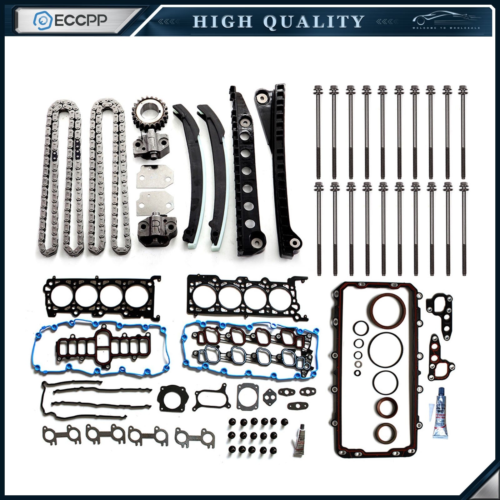 Full Gasket Set Timing Chain Kit Head Bolts For 99 Ford Expedition 5.4L V8 SOHC 6B93BC-57