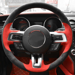 Black&Red Suede Leather Steering Wheel Red Stitch-on Wrap Cover For Ford Mustang