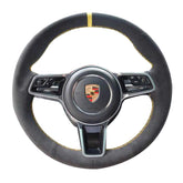 Black Suede Leather Steering Wheel Yellow Stitch Wrap Cover For Porsche Macan