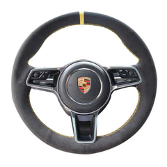 Black Suede Leather Steering Wheel Yellow Stitch Wrap Cover For Porsche Macan