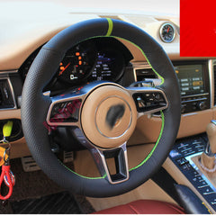Black&Hole Leather Green Thread Steering Wheel Wrap Cover Fit For Porsche Macan