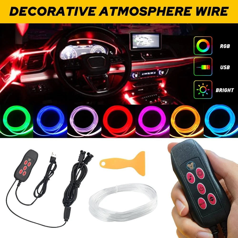 RGB LED Car Interior Fiber Optic Neon EL Wire Strip Atmosphere Light Kit Romote 6B93BC-57