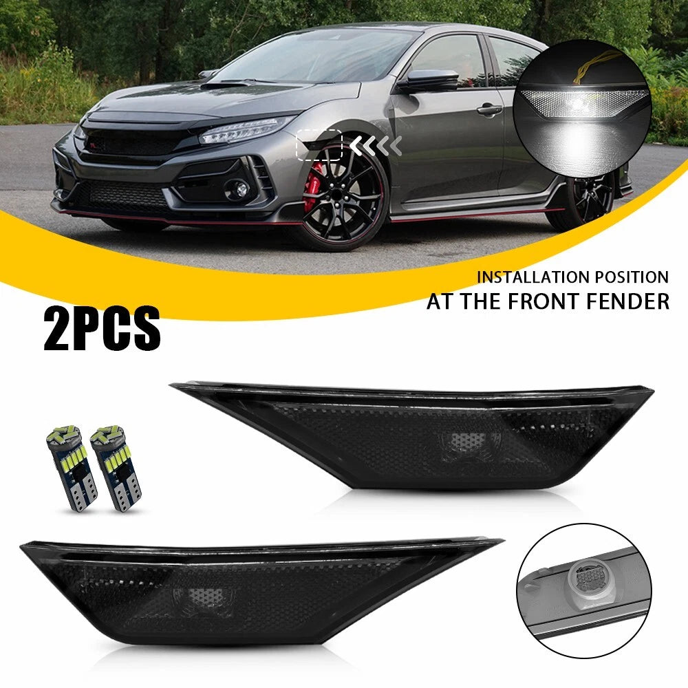 2PC For 2016-2021 Honda Civic Front LED Side Bumper Marker Smoked White LED EOA 6B93BC-57