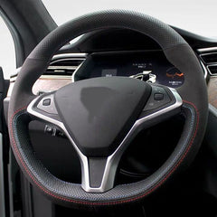 Black Suede&Leather Steering Wheel Red Blue Stitch Wrap Cover For Tesla Model X