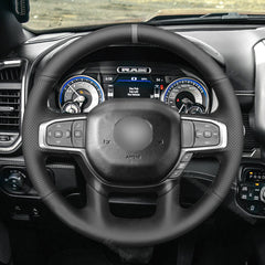 Black Leather Gray Thread Steering Wheel Hand-stitch on Wrap Cover For Dodge Ram